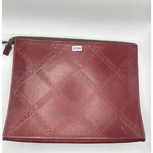 YSL Logo embossed Leather Clutch Burgundy Red Pouch Cosmetic Bag#194